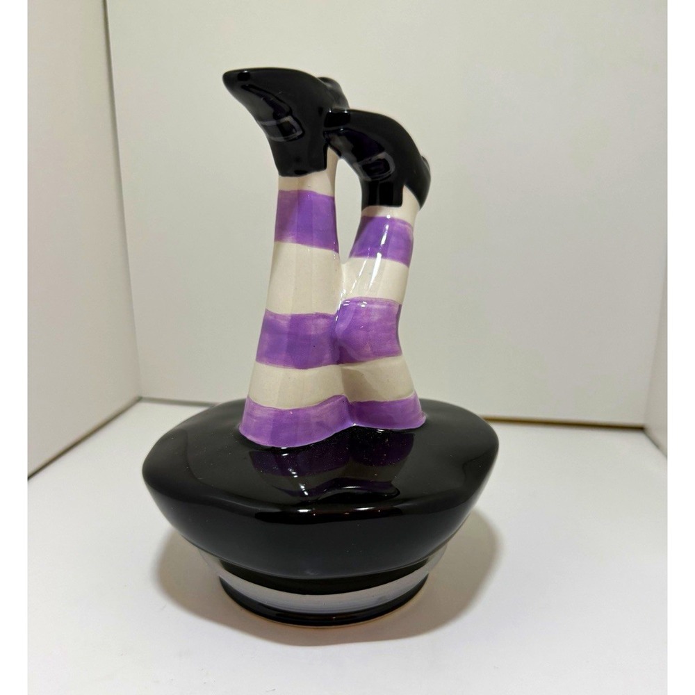 Rae Dunn Black Purple & White Striped Witch Legs Canister Topper